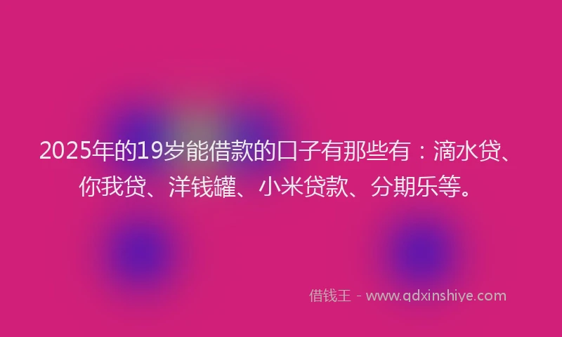 2025年的19岁能借款的口子有那些有：滴水贷、你我贷、洋钱罐、小米贷款、分期乐等。