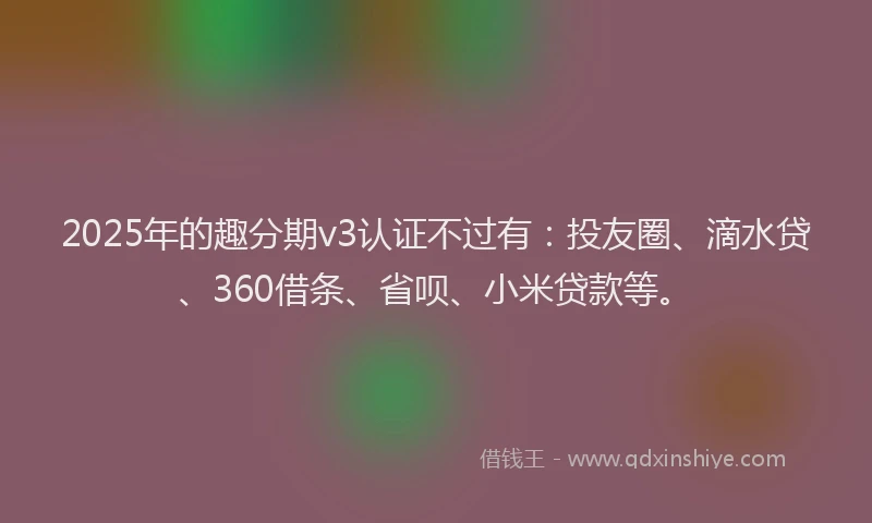 2025年的趣分期v3认证不过有：投友圈、滴水贷、360借条、省呗、小米贷款等。