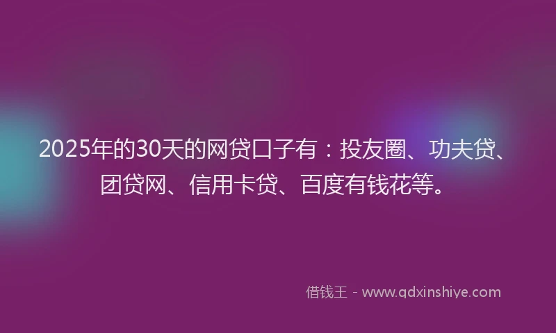 2025年的30天的网贷口子有：投友圈、功夫贷、团贷网、信用卡贷、百度有钱花等。