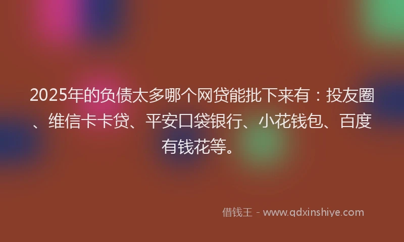 2025年的负债太多哪个网贷能批下来有：投友圈、维信卡卡贷、平安口袋银行、小花钱包、百度有钱花等。