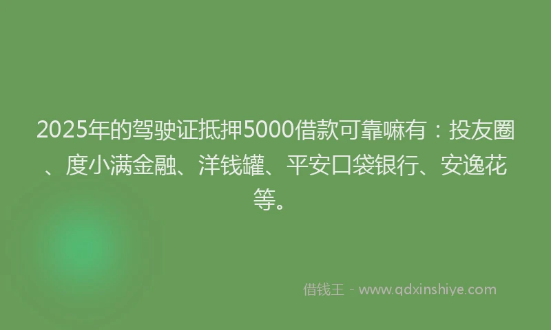 2025年的驾驶证抵押5000借款可靠嘛有：投友圈、度小满金融、洋钱罐、平安口袋银行、安逸花等。
