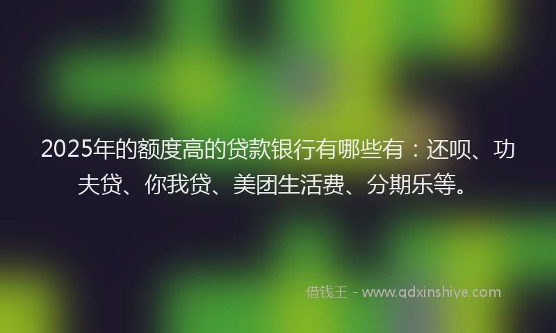 2025年的额度高的贷款银行有哪些有：还呗、功夫贷、你我贷、美团生活费、分期乐等。