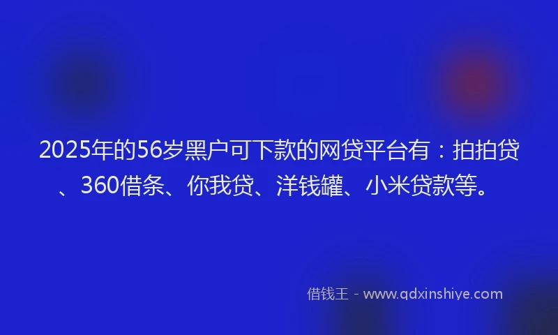 2025年的56岁黑户可下款的网贷平台有：拍拍贷、360借条、你我贷、洋钱罐、小米贷款等。