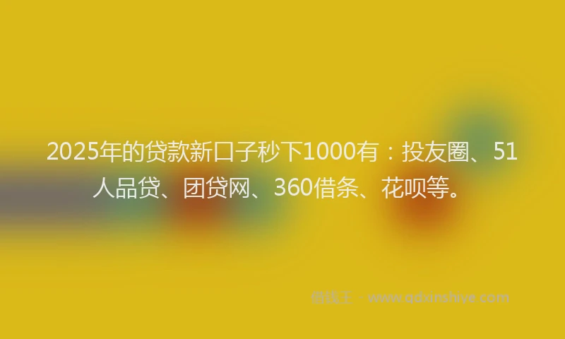 2025年的贷款新口子秒下1000有：投友圈、51人品贷、团贷网、360借条、花呗等。