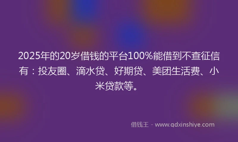 2025年的20岁借钱的平台100%能借到不查征信有：投友圈、滴水贷、好期贷、美团生活费、小米贷款等。