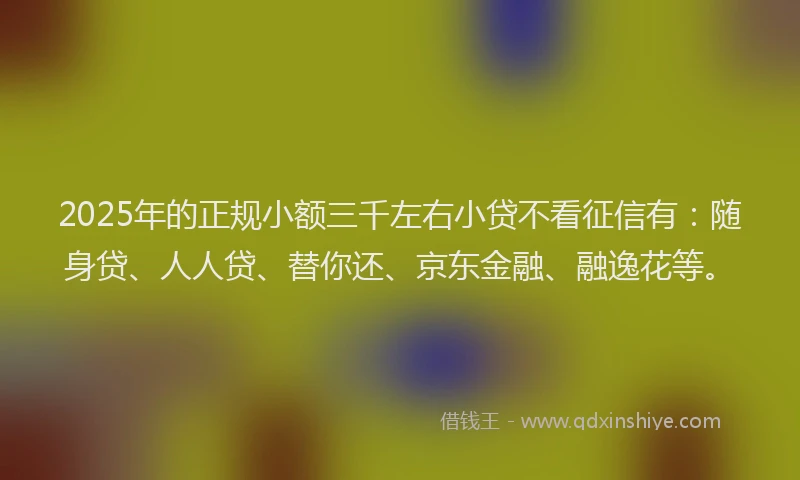 2025年的正规小额三千左右小贷不看征信有：随身贷、人人贷、替你还、京东金融、融逸花等。