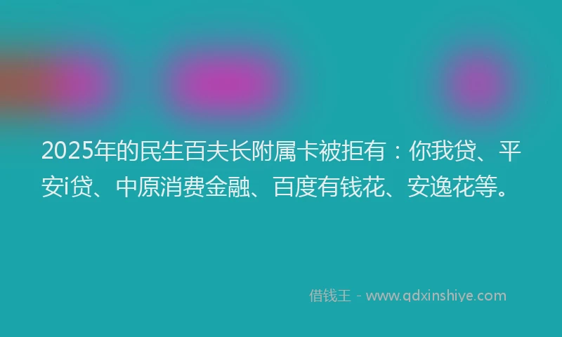 2025年的民生百夫长附属卡被拒有：你我贷、平安i贷、中原消费金融、百度有钱花、安逸花等。