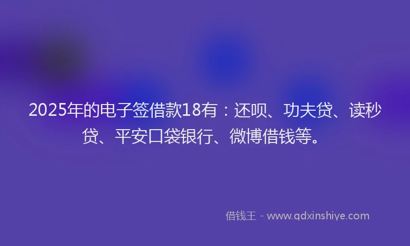 2025年的电子签借款18有：还呗、功夫贷、读秒贷、平安口袋银行、微博借钱等。