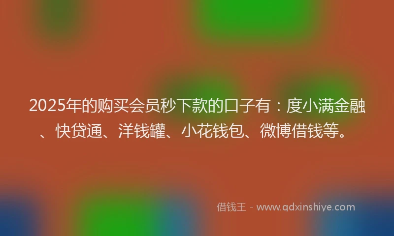 2025年的购买会员秒下款的口子有：度小满金融、快贷通、洋钱罐、小花钱包、微博借钱等。