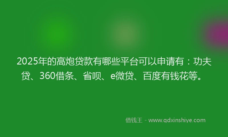 2025年的高炮贷款有哪些平台可以申请有：功夫贷、360借条、省呗、e微贷、百度有钱花等。