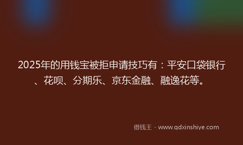 2025年的用钱宝被拒申请技巧有：平安口袋银行、花呗、分期乐、京东金融、融逸花等。