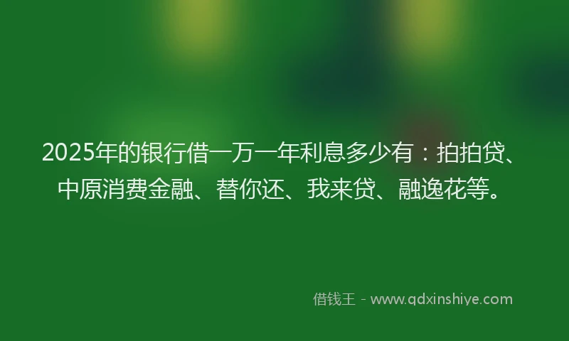 2025年的银行借一万一年利息多少有：拍拍贷、中原消费金融、替你还、我来贷、融逸花等。