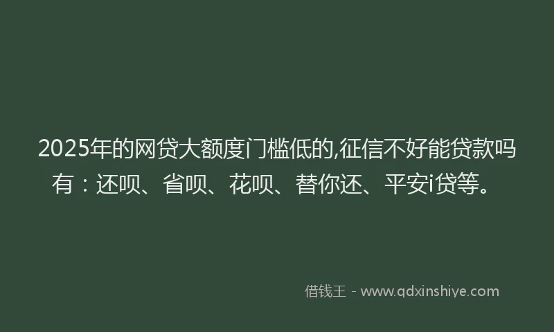 2025年的网贷大额度门槛低的,征信不好能贷款吗有：还呗、省呗、花呗、替你还、平安i贷等。