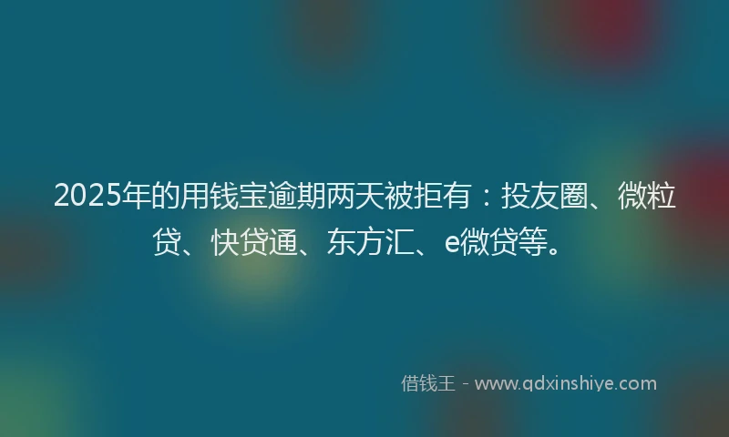 2025年的用钱宝逾期两天被拒有：投友圈、微粒贷、快贷通、东方汇、e微贷等。