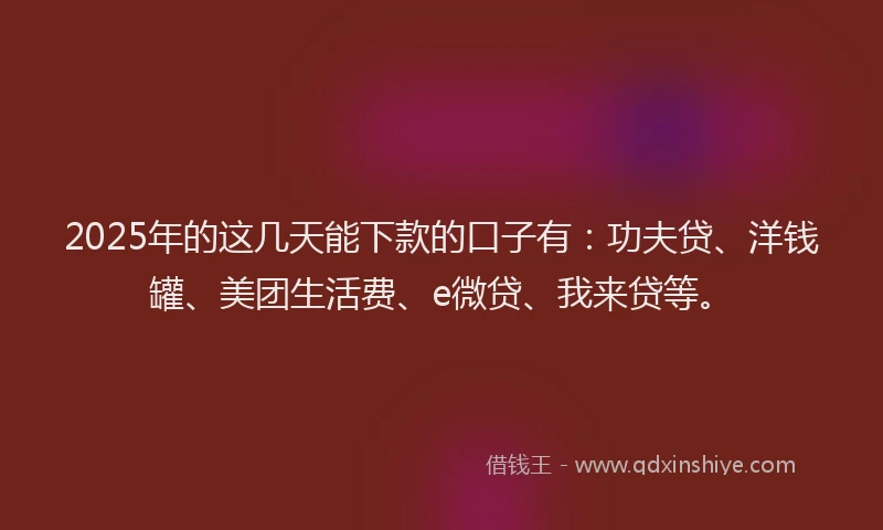 2025年的这几天能下款的口子有：功夫贷、洋钱罐、美团生活费、e微贷、我来贷等。