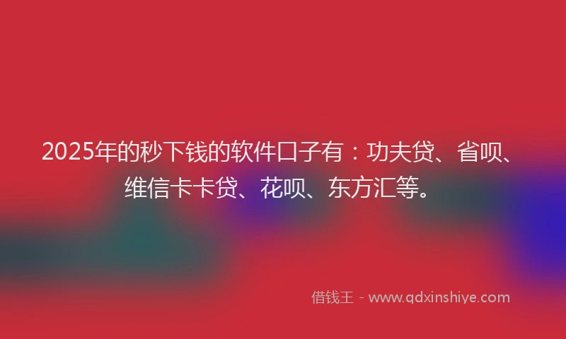 2025年的秒下钱的软件口子有：功夫贷、省呗、维信卡卡贷、花呗、东方汇等。