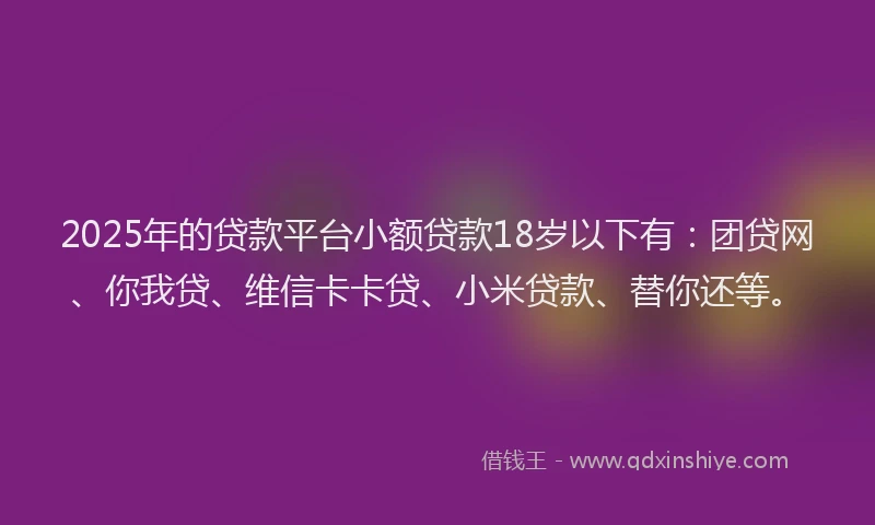 2025年的贷款平台小额贷款18岁以下有：团贷网、你我贷、维信卡卡贷、小米贷款、替你还等。