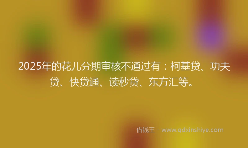2025年的花儿分期审核不通过有：柯基贷、功夫贷、快贷通、读秒贷、东方汇等。