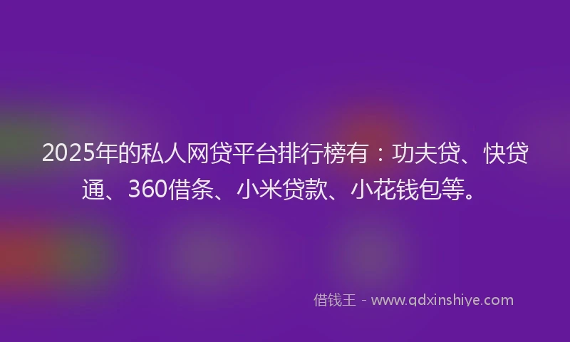 2025年的私人网贷平台排行榜有：功夫贷、快贷通、360借条、小米贷款、小花钱包等。
