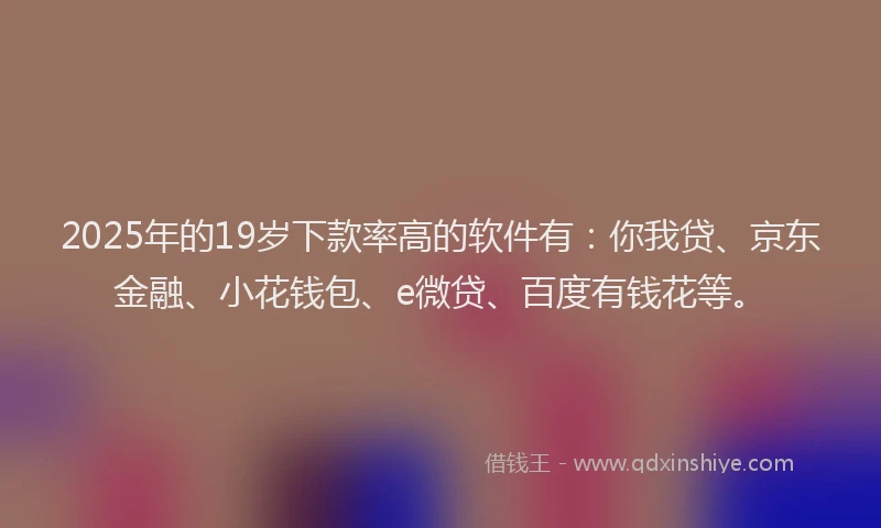 2025年的19岁下款率高的软件有：你我贷、京东金融、小花钱包、e微贷、百度有钱花等。