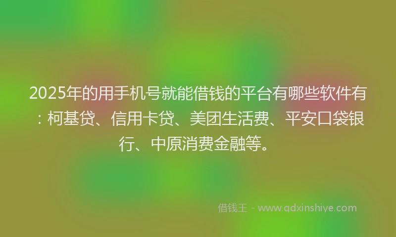 2025年的用手机号就能借钱的平台有哪些软件有：柯基贷、信用卡贷、美团生活费、平安口袋银行、中原消费金融等。