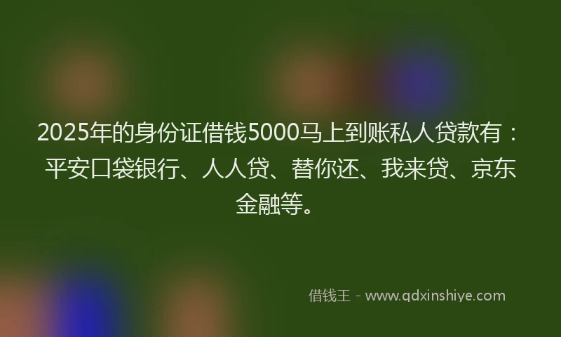2025年的身份证借钱5000马上到账私人贷款有：平安口袋银行、人人贷、替你还、我来贷、京东金融等。