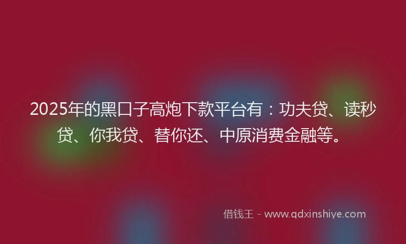 2025年的黑口子高炮下款平台有：功夫贷、读秒贷、你我贷、替你还、中原消费金融等。