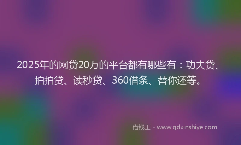 2025年的网贷20万的平台都有哪些有：功夫贷、拍拍贷、读秒贷、360借条、替你还等。