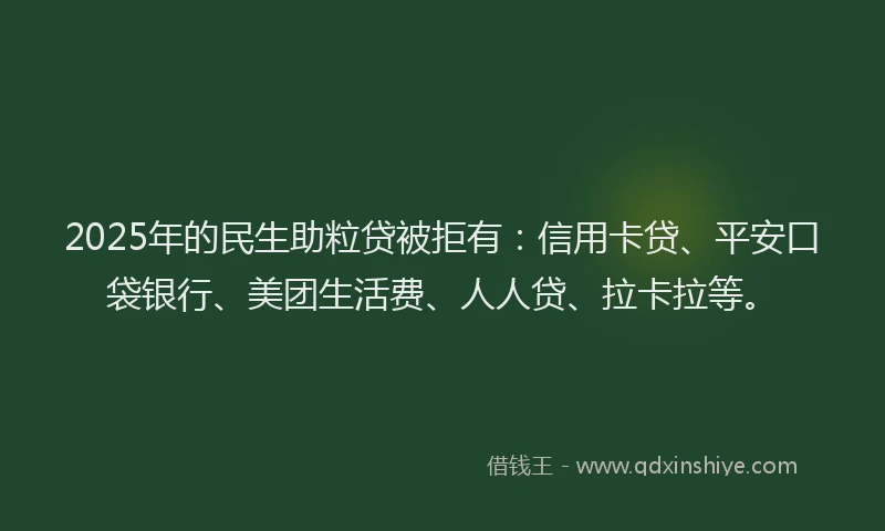 2025年的民生助粒贷被拒有：信用卡贷、平安口袋银行、美团生活费、人人贷、拉卡拉等。
