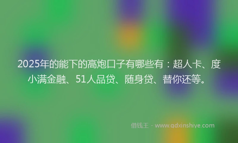 2025年的能下的高炮口子有哪些有：超人卡、度小满金融、51人品贷、随身贷、替你还等。