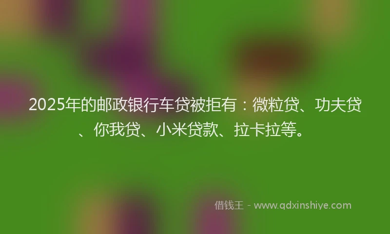 2025年的邮政银行车贷被拒有：微粒贷、功夫贷、你我贷、小米贷款、拉卡拉等。