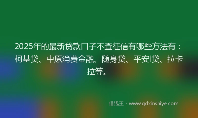 2025年的最新贷款口子不查征信有哪些方法有：柯基贷、中原消费金融、随身贷、平安i贷、拉卡拉等。