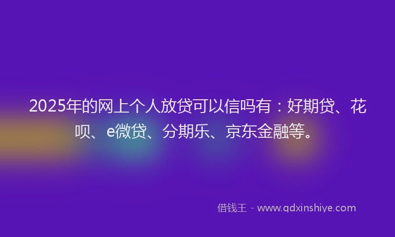 2025年的网上个人放贷可以信吗有：好期贷、花呗、e微贷、分期乐、京东金融等。