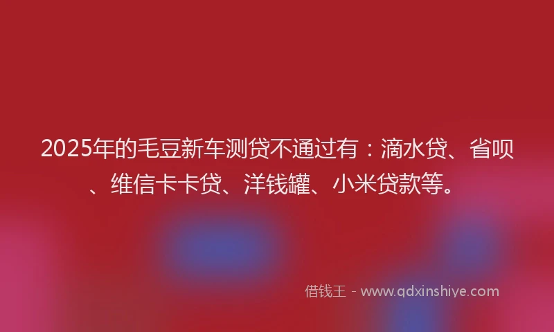 2025年的毛豆新车测贷不通过有：滴水贷、省呗、维信卡卡贷、洋钱罐、小米贷款等。