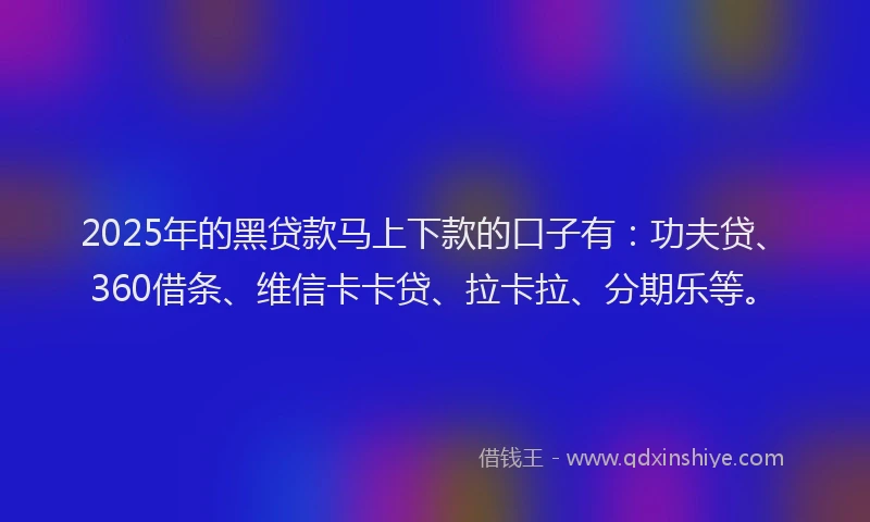 2025年的黑贷款马上下款的口子有：功夫贷、360借条、维信卡卡贷、拉卡拉、分期乐等。
