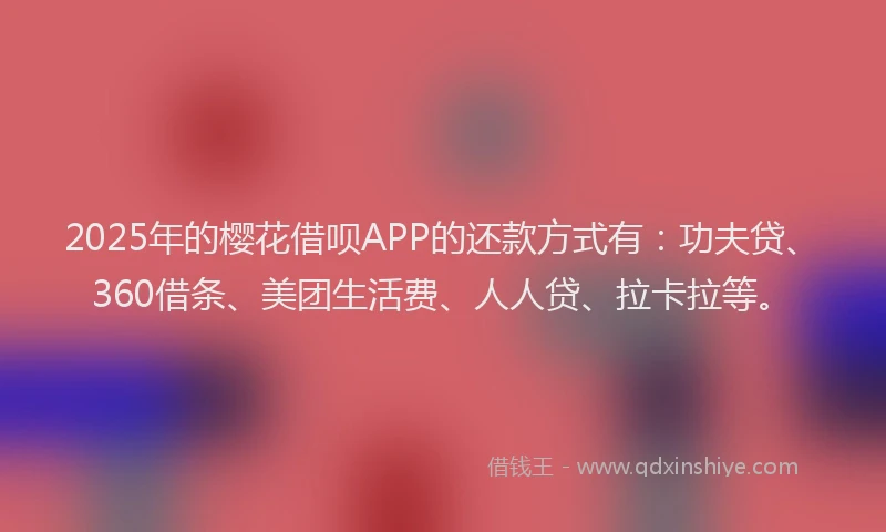 2025年的樱花借呗APP的还款方式有：功夫贷、360借条、美团生活费、人人贷、拉卡拉等。