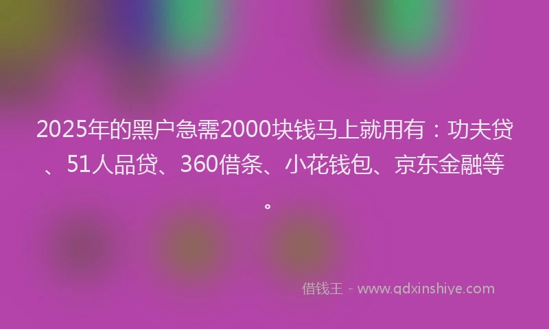 2025年的黑户急需2000块钱马上就用有：功夫贷、51人品贷、360借条、小花钱包、京东金融等。