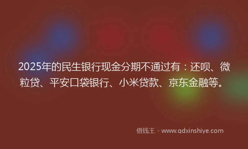 2025年的民生银行现金分期不通过有：还呗、微粒贷、平安口袋银行、小米贷款、京东金融等。