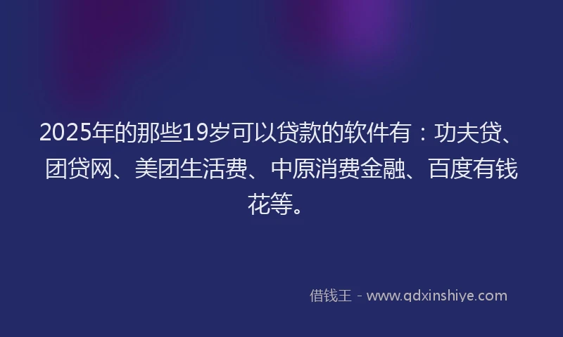 2025年的那些19岁可以贷款的软件有：功夫贷、团贷网、美团生活费、中原消费金融、百度有钱花等。
