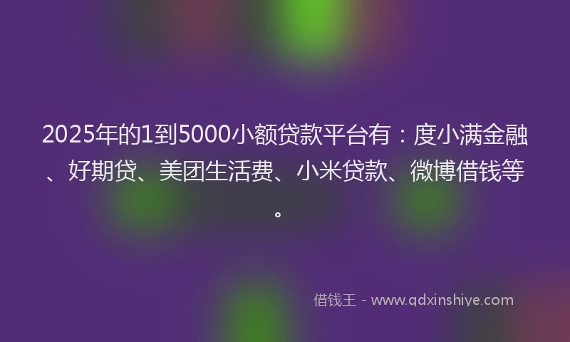 2025年的1到5000小额贷款平台有：度小满金融、好期贷、美团生活费、小米贷款、微博借钱等。