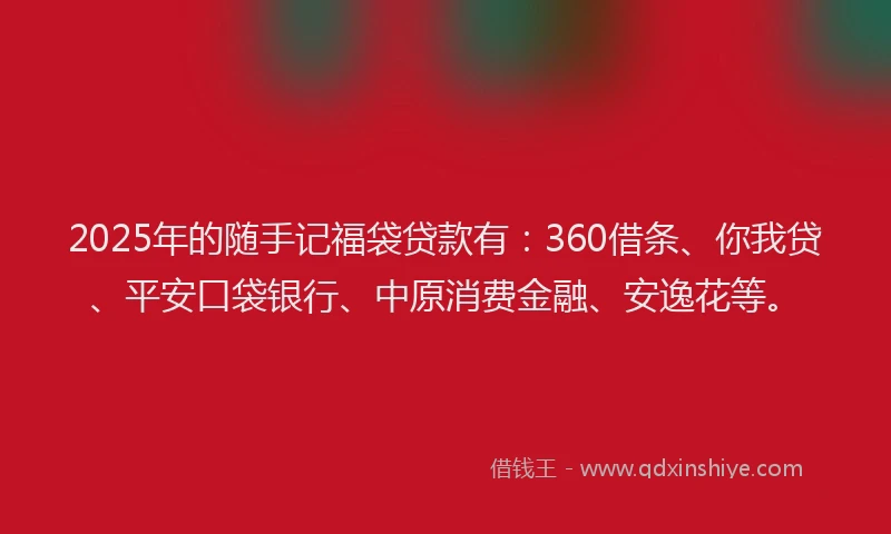 2025年的随手记福袋贷款有：360借条、你我贷、平安口袋银行、中原消费金融、安逸花等。