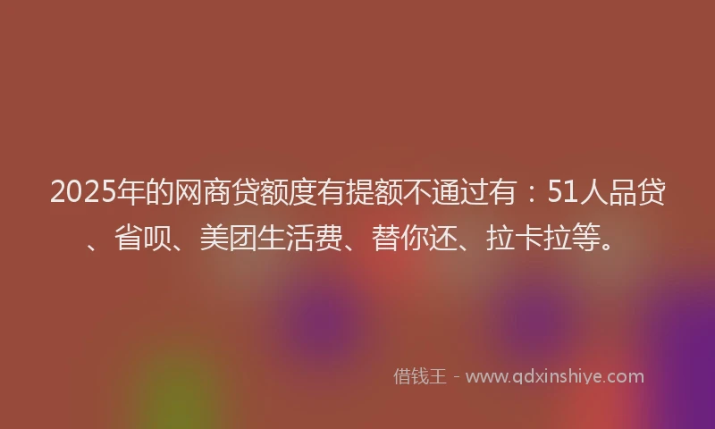 2025年的网商贷额度有提额不通过有：51人品贷、省呗、美团生活费、替你还、拉卡拉等。