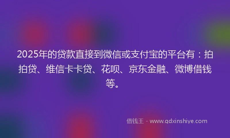 2025年的贷款直接到微信或支付宝的平台有：拍拍贷、维信卡卡贷、花呗、京东金融、微博借钱等。
