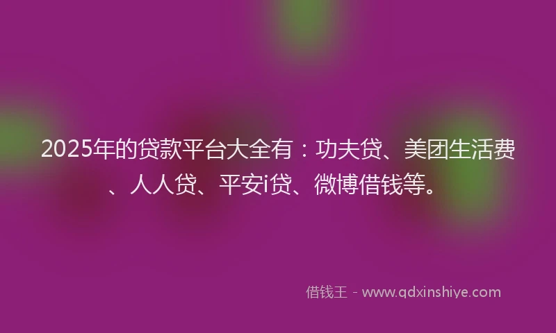 2025年的贷款平台大全有：功夫贷、美团生活费、人人贷、平安i贷、微博借钱等。