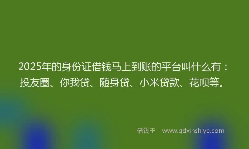 2025年的身份证借钱马上到账的平台叫什么有：投友圈、你我贷、随身贷、小米贷款、花呗等。