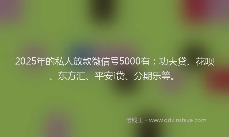 2025年的私人放款微信号5000有：功夫贷、花呗、东方汇、平安i贷、分期乐等。