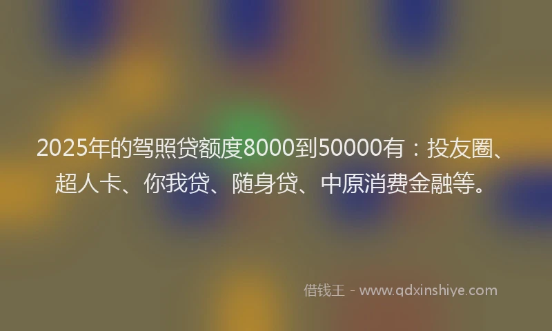 2025年的驾照贷额度8000到50000有：投友圈、超人卡、你我贷、随身贷、中原消费金融等。