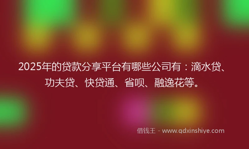 2025年的贷款分享平台有哪些公司有：滴水贷、功夫贷、快贷通、省呗、融逸花等。