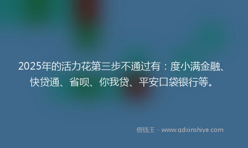 2025年的活力花第三步不通过有：度小满金融、快贷通、省呗、你我贷、平安口袋银行等。