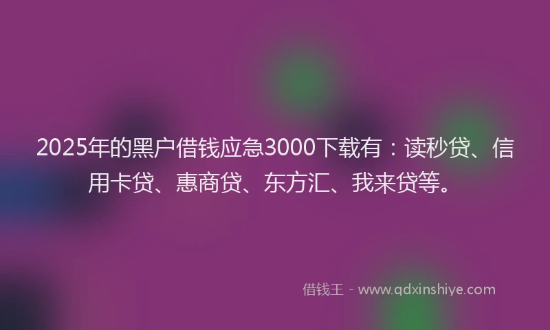 2025年的黑户借钱应急3000下载有：读秒贷、信用卡贷、惠商贷、东方汇、我来贷等。